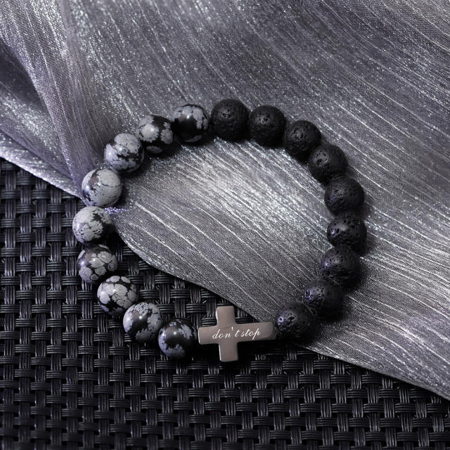 Father's day gift natural stone bead cross symbol stainless steel bracelet
