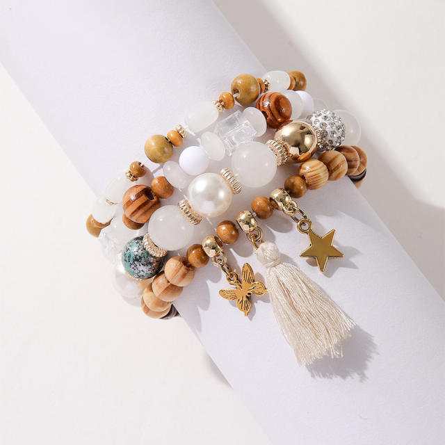 Boho national trend tassel diamond ball wood bead bracelet set