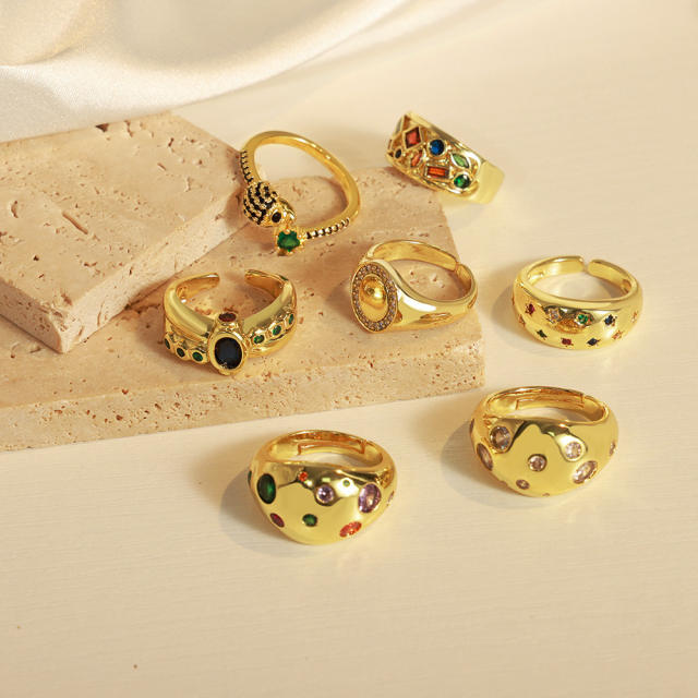 Punk trend rhinestone real gold plated copper finger rings