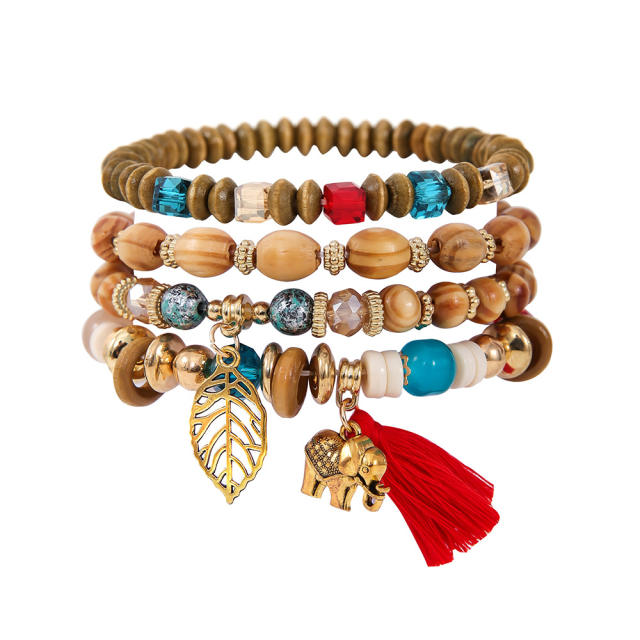 Boho nationali tiny elephant charm wood bead bracelet set