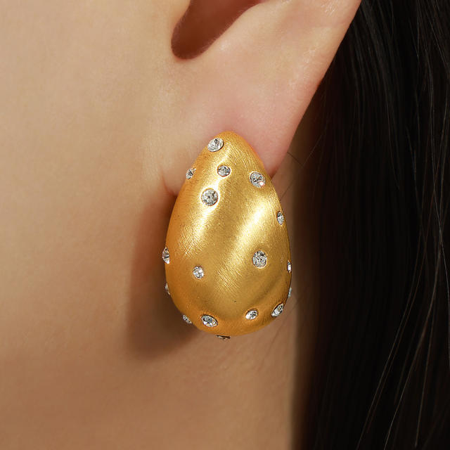 18KG chunky frosted water drop shape rhinestone stainless steel earrings