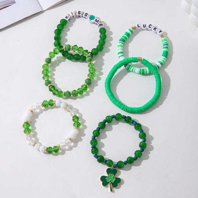 Green color clover charm beaded bracelet set for st.patrick's day