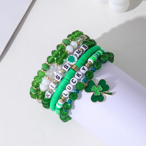 Green color clover charm beaded bracelet set for st.patrick's day