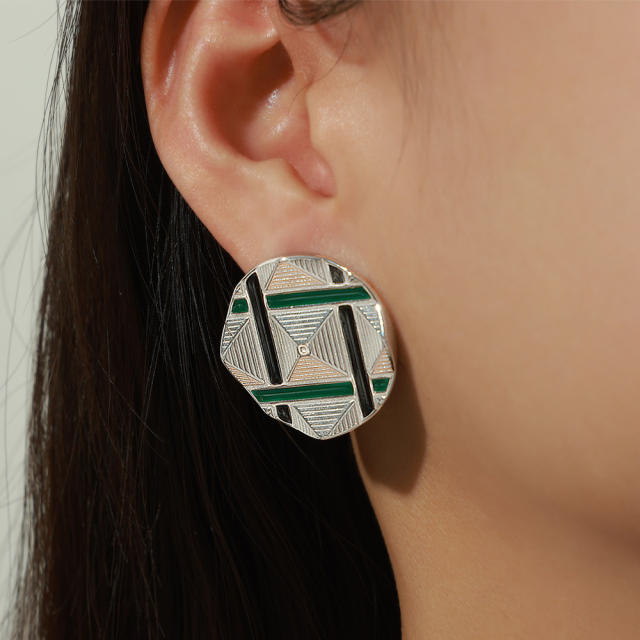 Vintage geometric round shape enamel stainless steel earrings