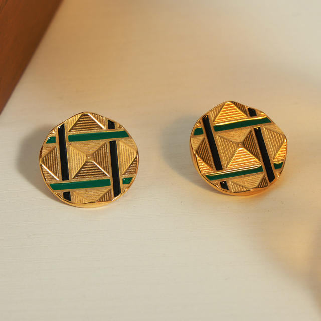 Vintage geometric round shape enamel stainless steel earrings