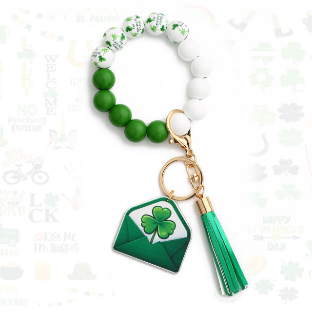 St.Patrick's Day green clover charm beaded keychain wristlet keychain