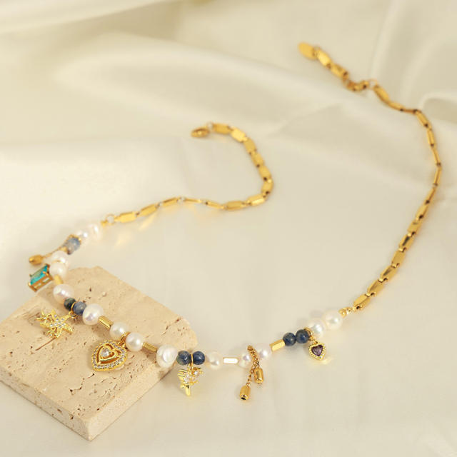 Elegant water pearl stainless steel bead necklace