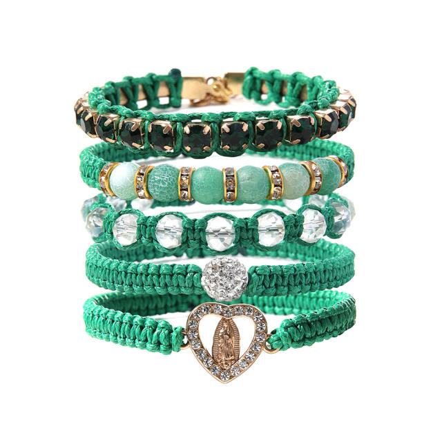 Hollow out heart Virgin Mary braided bracelet set