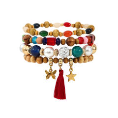 Boho national trend tassel diamond ball wood bead bracelet set