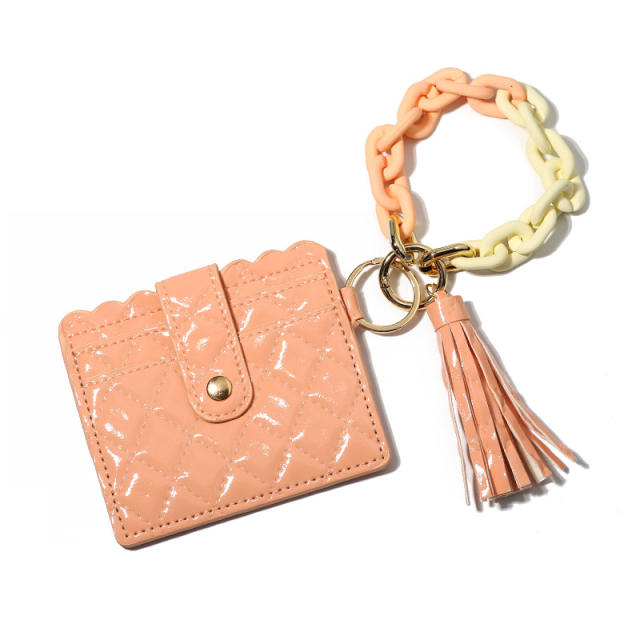 Colorful acrylic chain PU leather card holder keychain wrislet keychain