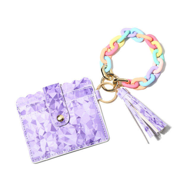 Colorful acrylic chain PU leather card holder keychain wrislet keychain