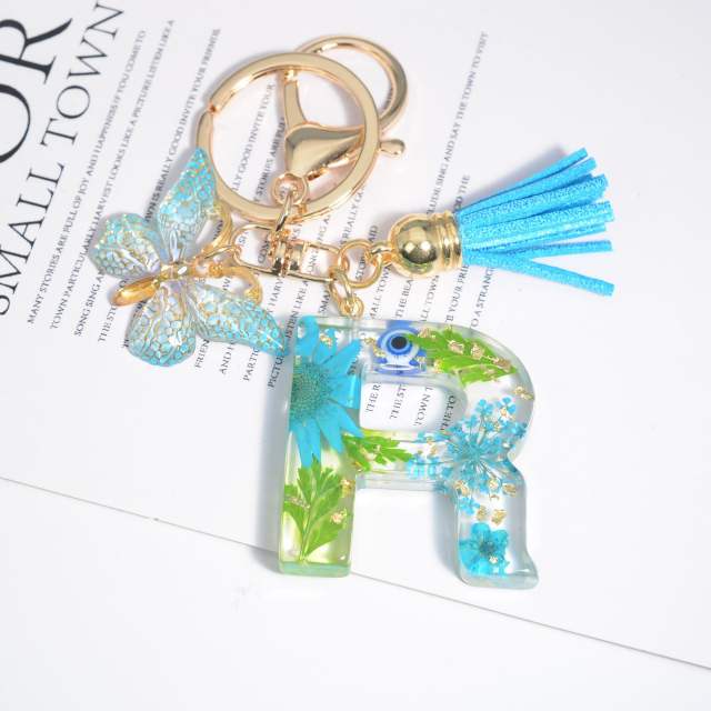 Spring blue daisy flower butterfly acrylic initial letter keychain
