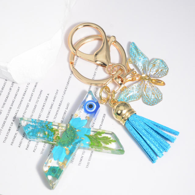 Spring blue daisy flower butterfly acrylic initial letter keychain