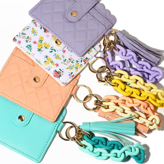 Colorful acrylic chain PU leather card holder keychain wrislet keychain