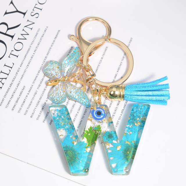 Spring blue daisy flower butterfly acrylic initial letter keychain