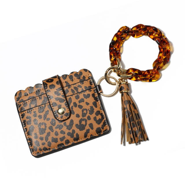 Colorful acrylic chain PU leather card holder keychain wrislet keychain