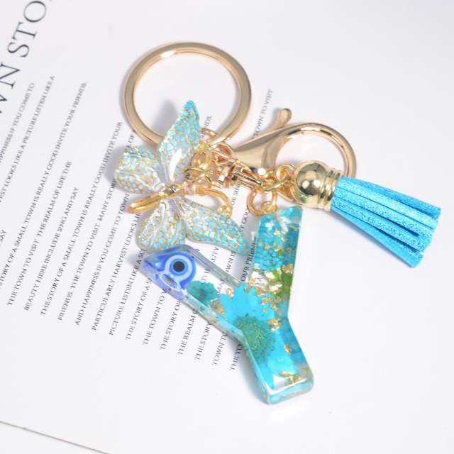 Spring blue daisy flower butterfly acrylic initial letter keychain