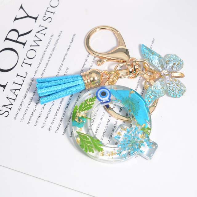 Spring blue daisy flower butterfly acrylic initial letter keychain