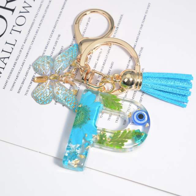 Spring blue daisy flower butterfly acrylic initial letter keychain