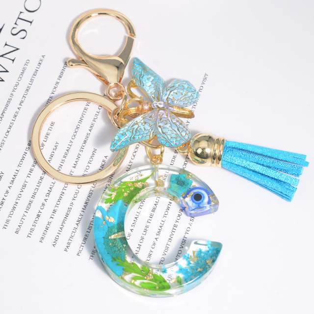 Spring blue daisy flower butterfly acrylic initial letter keychain