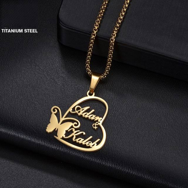 Personality two name butterfly heart pendant stainless steel necklace