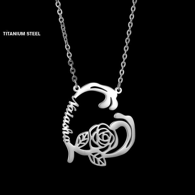 Hot sale creative rose flower custom name heart stainless steel necklace