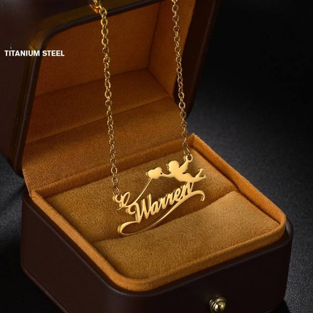 DIY angel symbol custom name stainless steel necklace