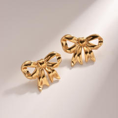18KG cute bow stainless steel necklace earrings rings set