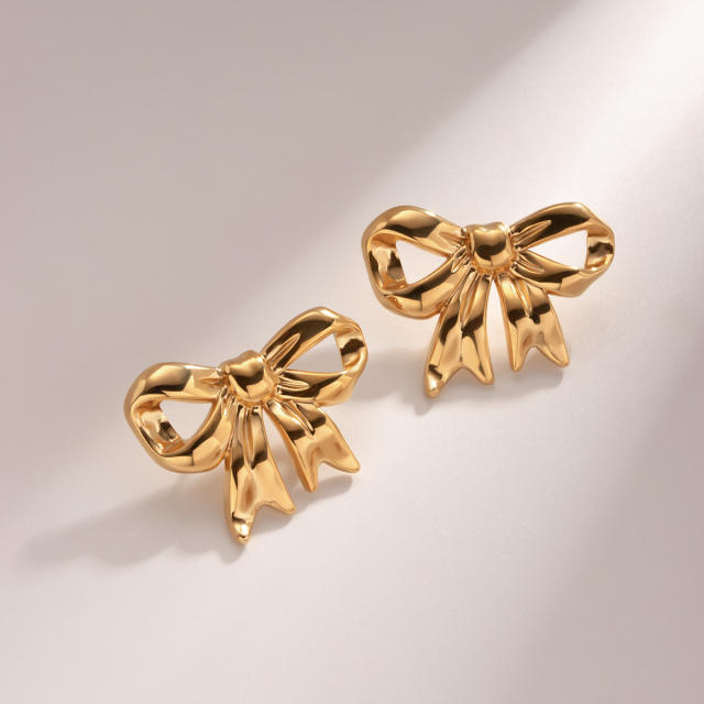 18KG cute bow stainless steel necklace earrings rings set