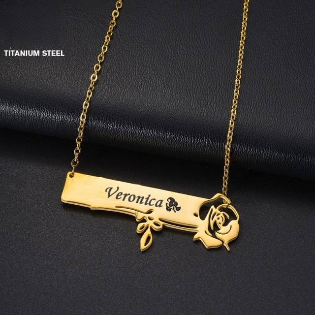 Creative flower hollow out engrave name bar shape stainless steel necklace