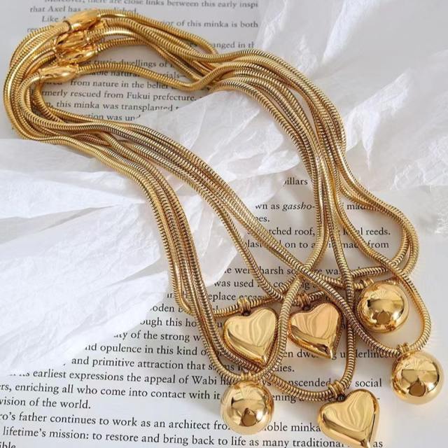 Chunky ball bead heart charm stainless steel chain necklace