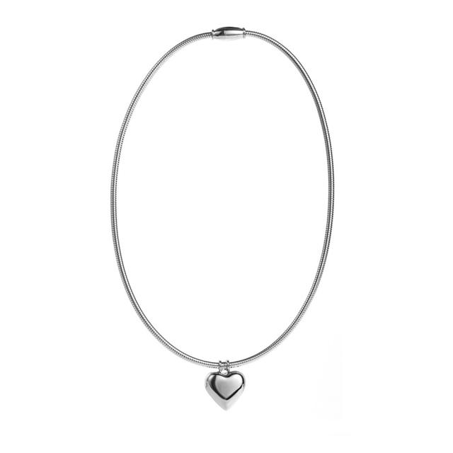 Chunky ball bead heart charm stainless steel chain necklace