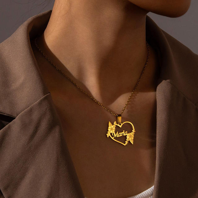 Custom name flower heart stainless steel necklace