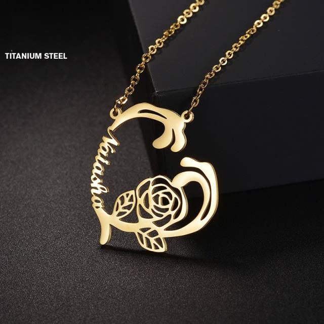Hot sale creative rose flower custom name heart stainless steel necklace