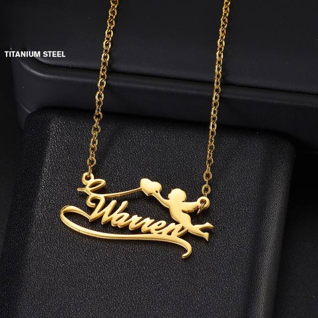 DIY angel symbol custom name stainless steel necklace