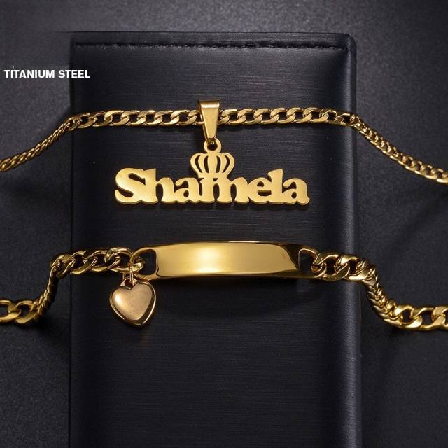 Custom name crown symbol stainless steel necklace bracelet set for men