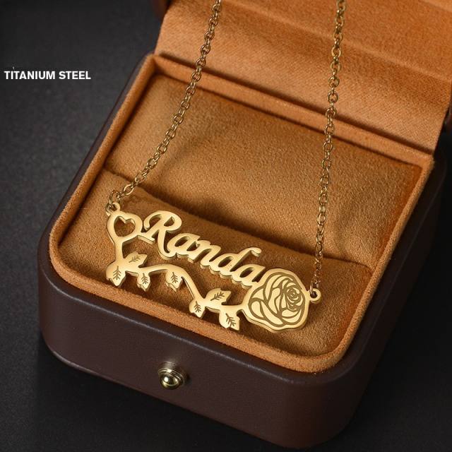 Custome name rose flower stainless steel necklace