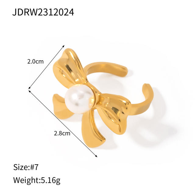 18KG cute bow stainless steel necklace earrings rings set