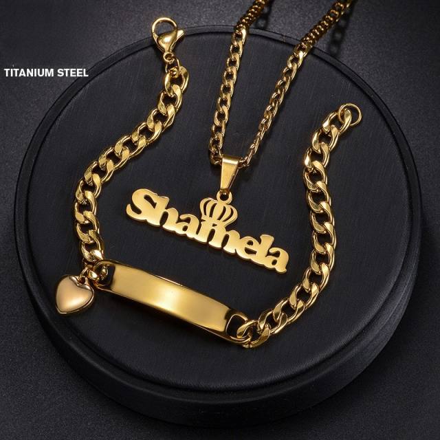 Custom name crown symbol stainless steel necklace bracelet set for men