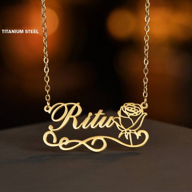 Hollow out rose flower custom name stainless steel necklace