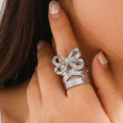 Concise ribbon bow pearl bead metal earrings rings set