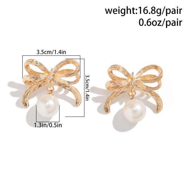 Concise ribbon bow pearl bead metal earrings rings set