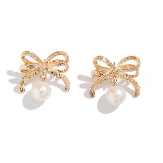 Concise ribbon bow pearl bead metal earrings rings set