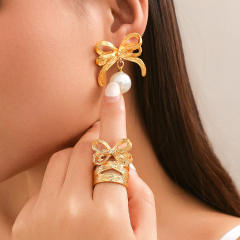 Concise ribbon bow pearl bead metal earrings rings set