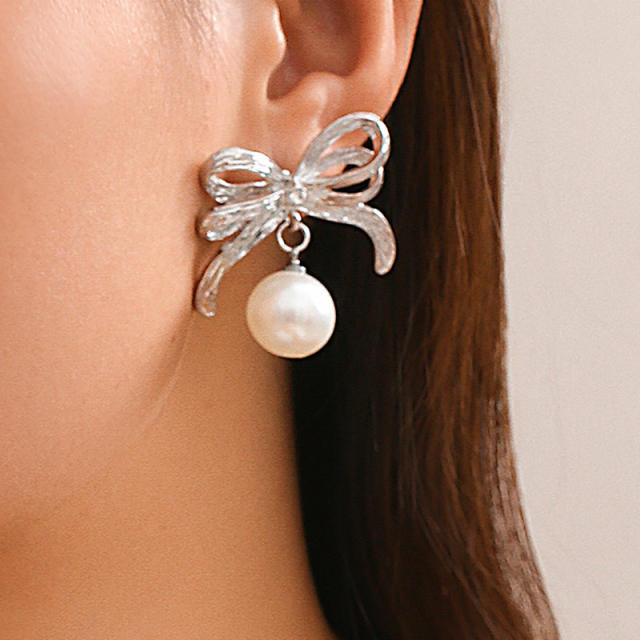 Concise ribbon bow pearl bead metal earrings rings set