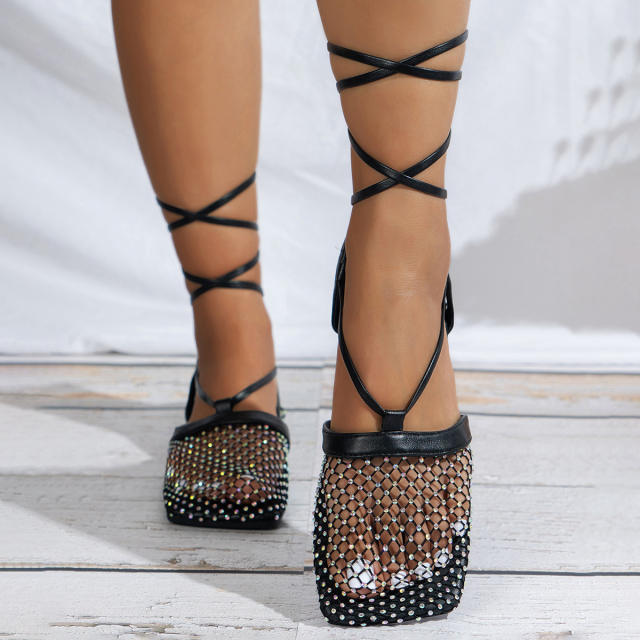 Hot sale fish mesh diamond strappy flat sandals