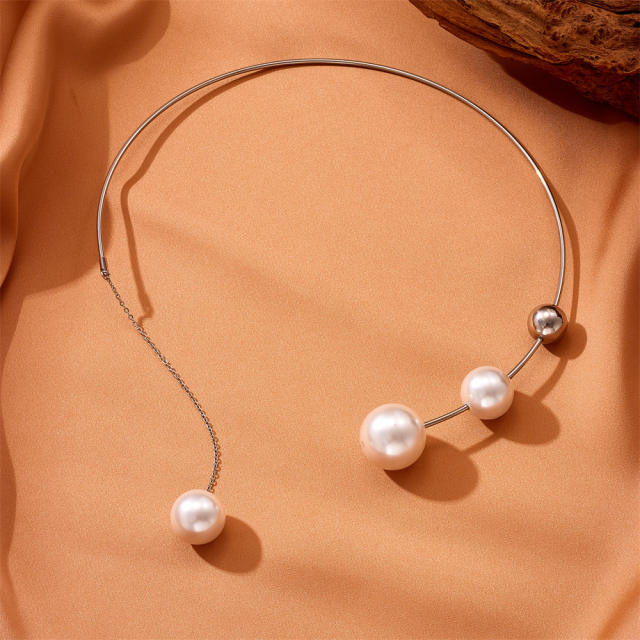 Elegant imitation pearl ball bead stainless steel choker necklace