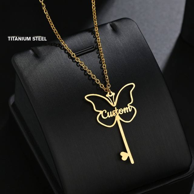 Personality custom name butterfly key pendant stainless steel necklace