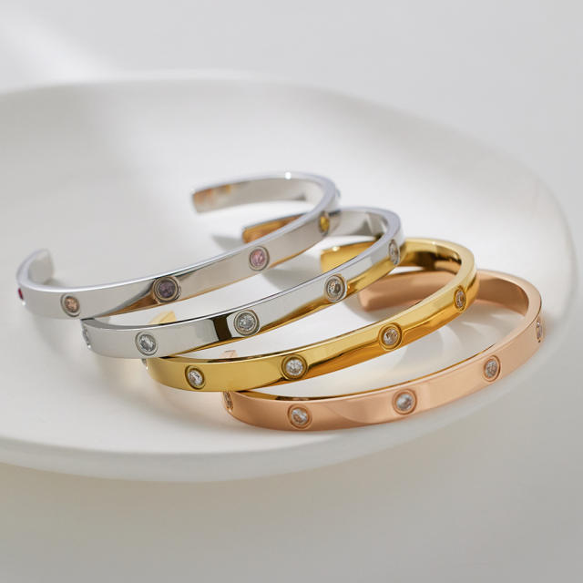 Couple stainless steel cuff bangle with colorful rhinestone 58mm/64mm