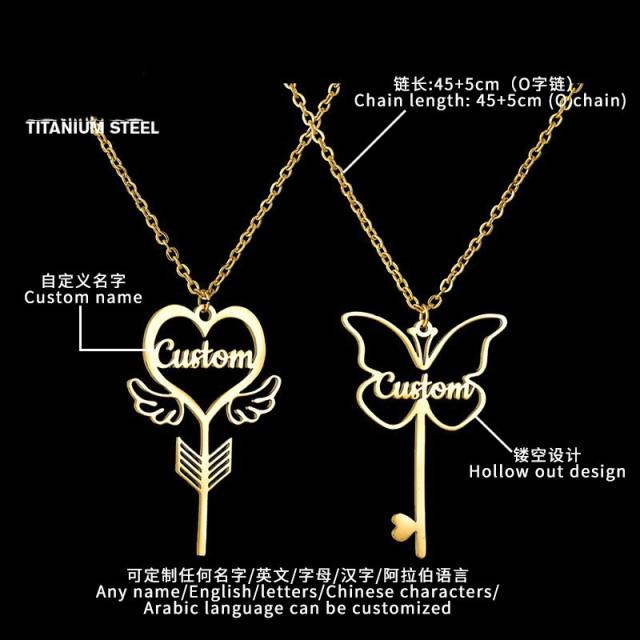 Personality custom name butterfly key pendant stainless steel necklace